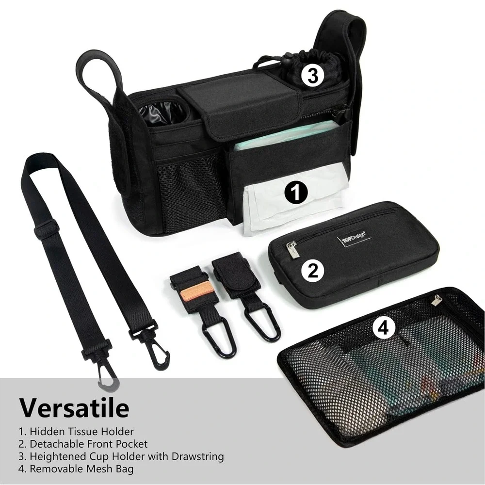TOPDesign Stroller Organizer Caddy Black Cup Holders Mesh Bag Universal
